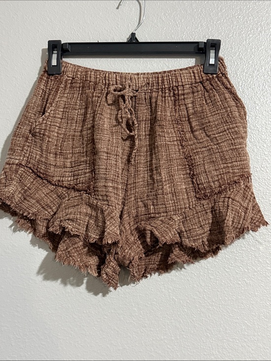 Fp One Pants - High-Waist Brown Textured Ruffle-Hem Shorts